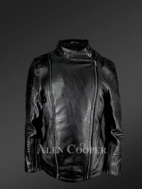 Women's Double Sided Zipper Motorcycle Jacket in Black