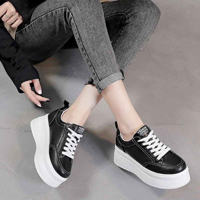 Womens Black Leather Platform Sneakers