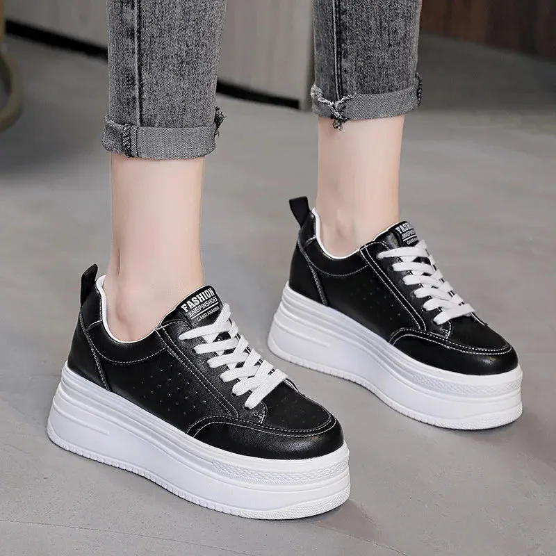 Womens Black Leather Platform Sneakers