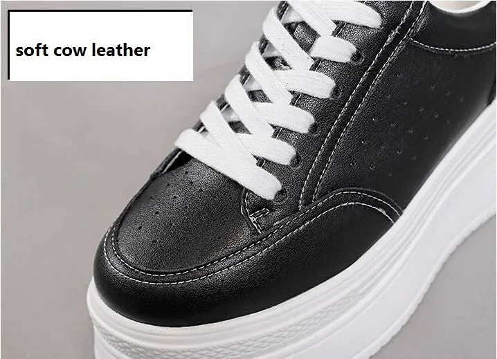 Womens Black Leather Platform Sneakers