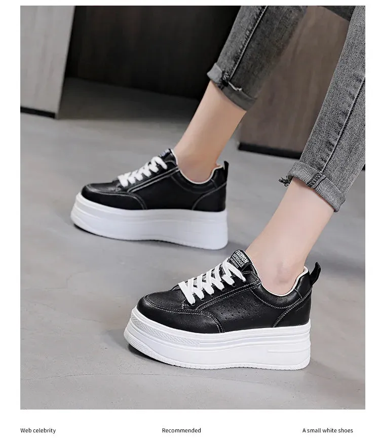 Womens Black Leather Platform Sneakers