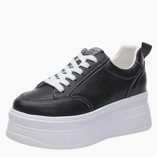 Womens Black Leather Platform Sneakers