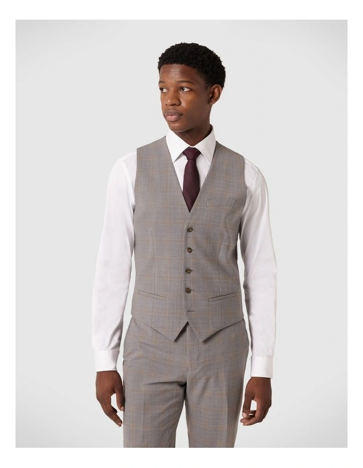 Wool Blend Tailored Vest in Grey Check